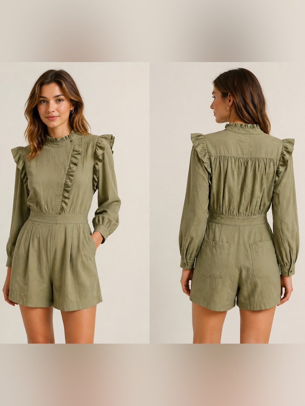 Endless Rose Olive Solid Ruffle Long Sleeve Romper One-Piece Size M